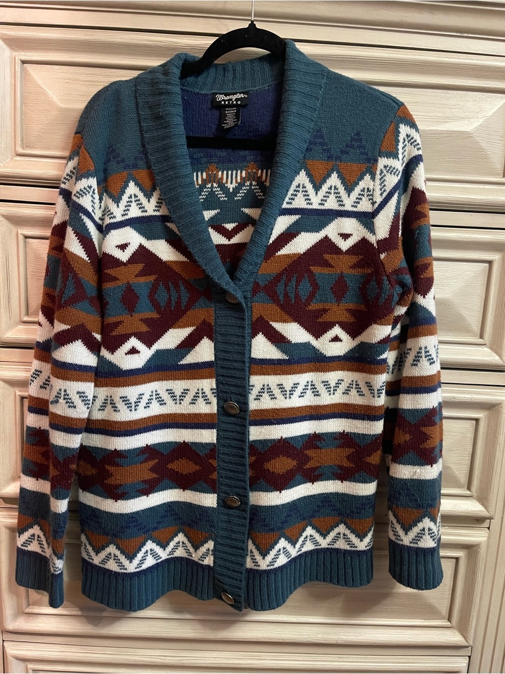 Wrangler Retro Southwestern Aztec Knit Button Cardigan Sweater Teal Rust Small